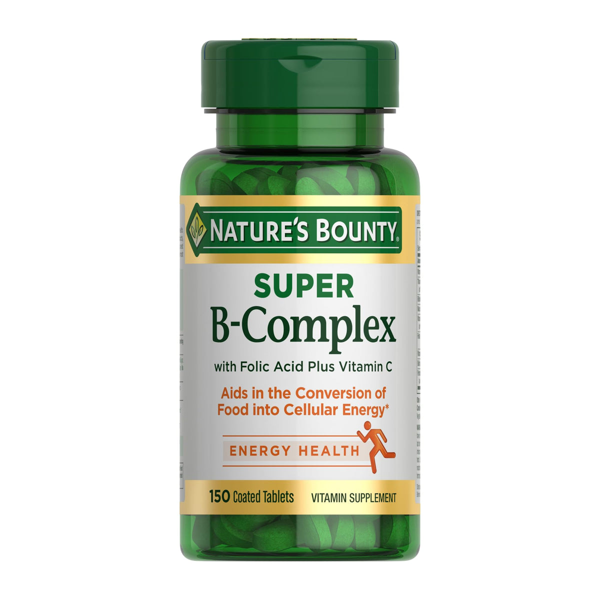 Natures Bounty bottle of super B complex with folic acid and vitamin C 150 coated tablets green label