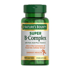 Natures Bounty bottle of super B complex with folic acid and vitamin C 150 coated tablets green label