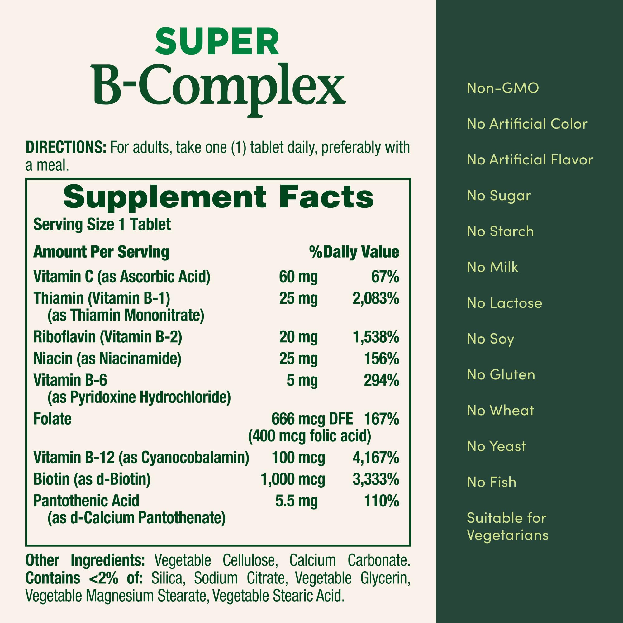 Natures Bounty label showing super B complex with folic acid and vitamin C. supplement facts panel