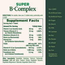 Super B-Complex Supplement Facts label with vitamins and % daily value table