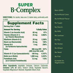 Natures Bounty label showing super B complex with folic acid and vitamin C. supplement facts panel