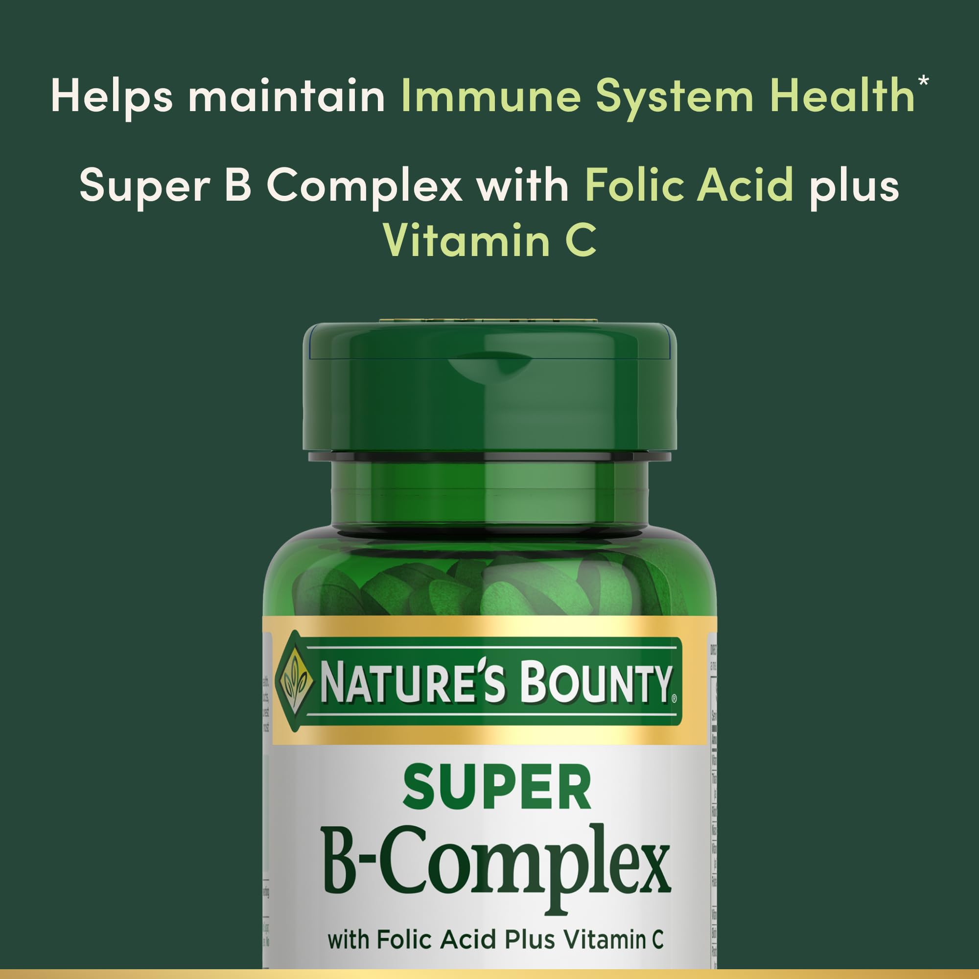 Natures Bounty bottle of super B complex with folic acid and vitamin C for immune support