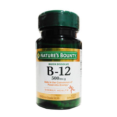 Natures Bounty bottle of Vitamin B12 supplement 500mcg quick dissolve tablets for energy support