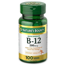 Vitamin B12 supplement bottle with green cap and label, 500 mcg, 100 tablets