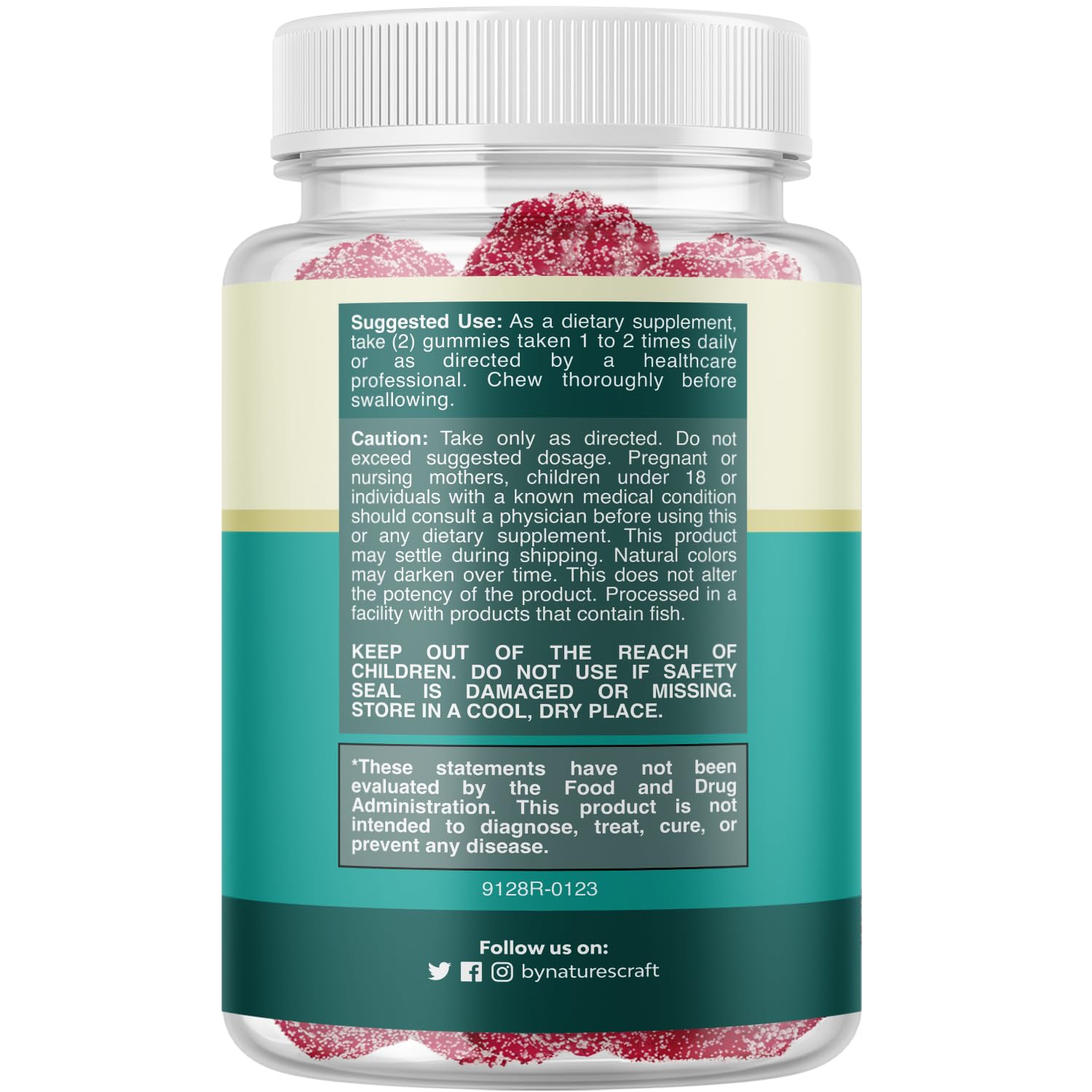 Natures Craft supplements bottle with red sugar coated gummy vitamins and label magnesium gummies for sleep support