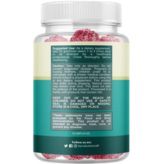 Natures Craft supplements bottle with red sugar coated gummy vitamins and label magnesium gummies for sleep support
