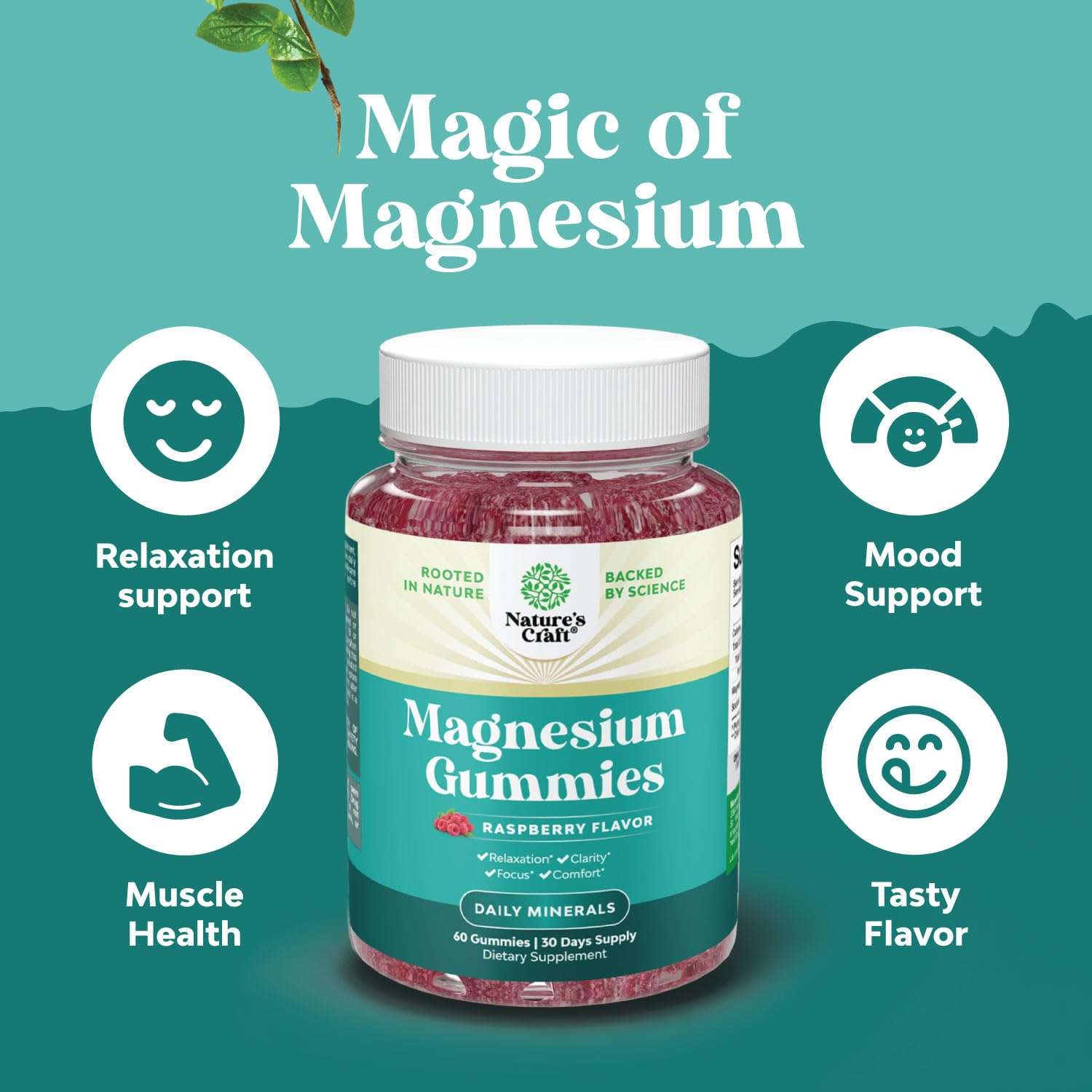 Natures Craft raspberry jar of magnesium gummies for sleep with relaxation mood and muscle support icons