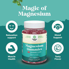 Magnesium gummies supplement bottle with icons for relaxation support, muscle, mood, taste