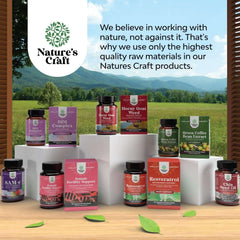 Assorted Natures Craft supplements including magnesium gummies for sleep displayed on white pedestals with nature backdrop