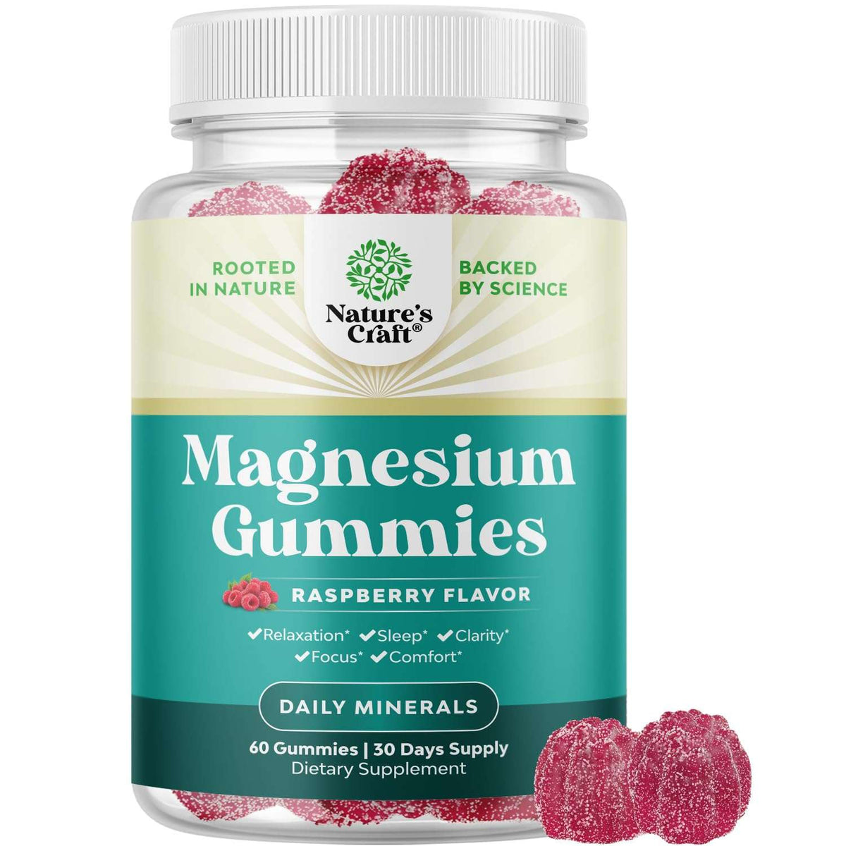 Natures Craft raspberry flavored magnesium gummies for sleep jar 60 gummies daily minerals supplement