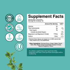 Natures Craft supplement facts label with icons and ingredients for magnesium gummies for sleep raspberry flavor