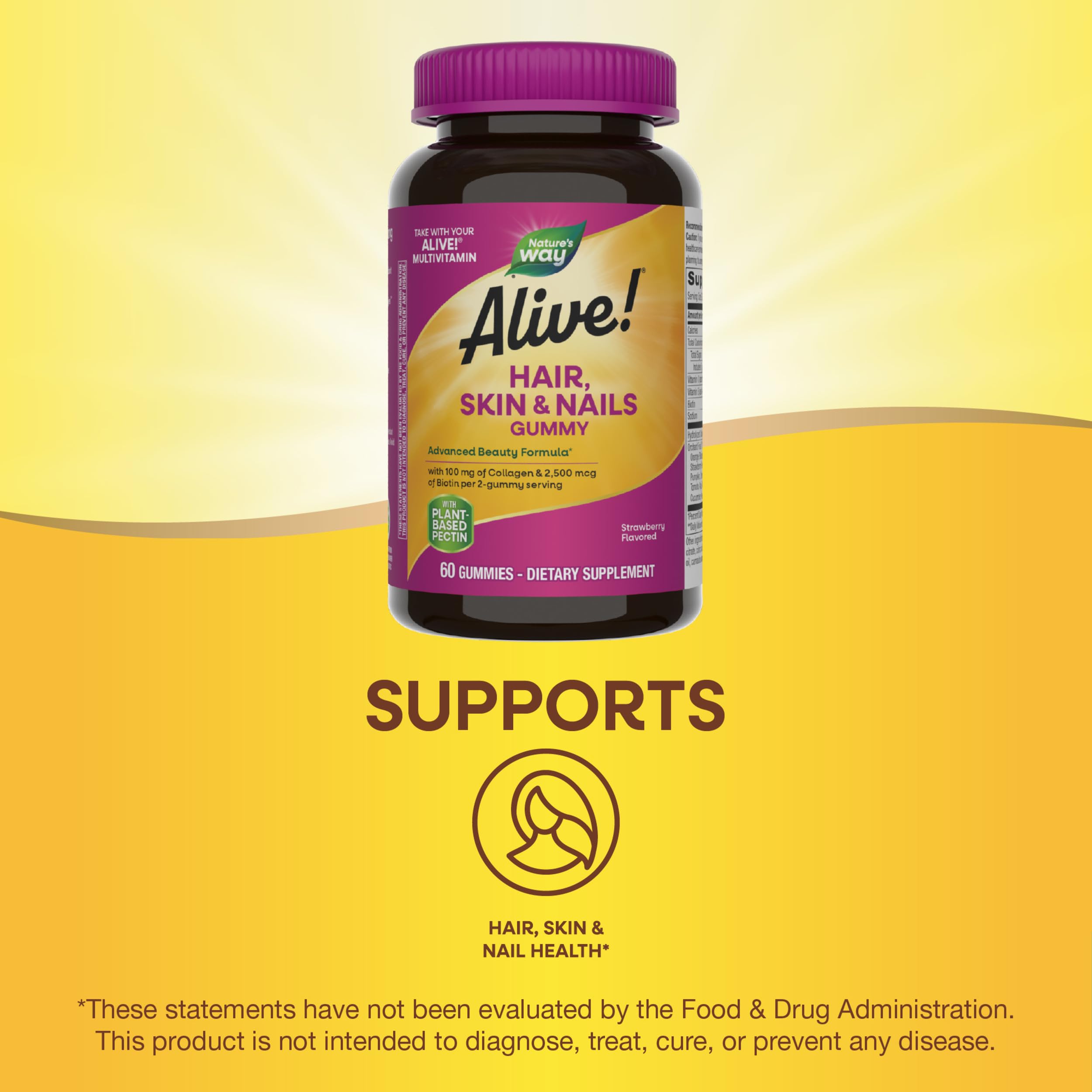 Bottle of Nature's Way Alive hair skin nails supplement gummies on yellow background supporting hair skin nail health