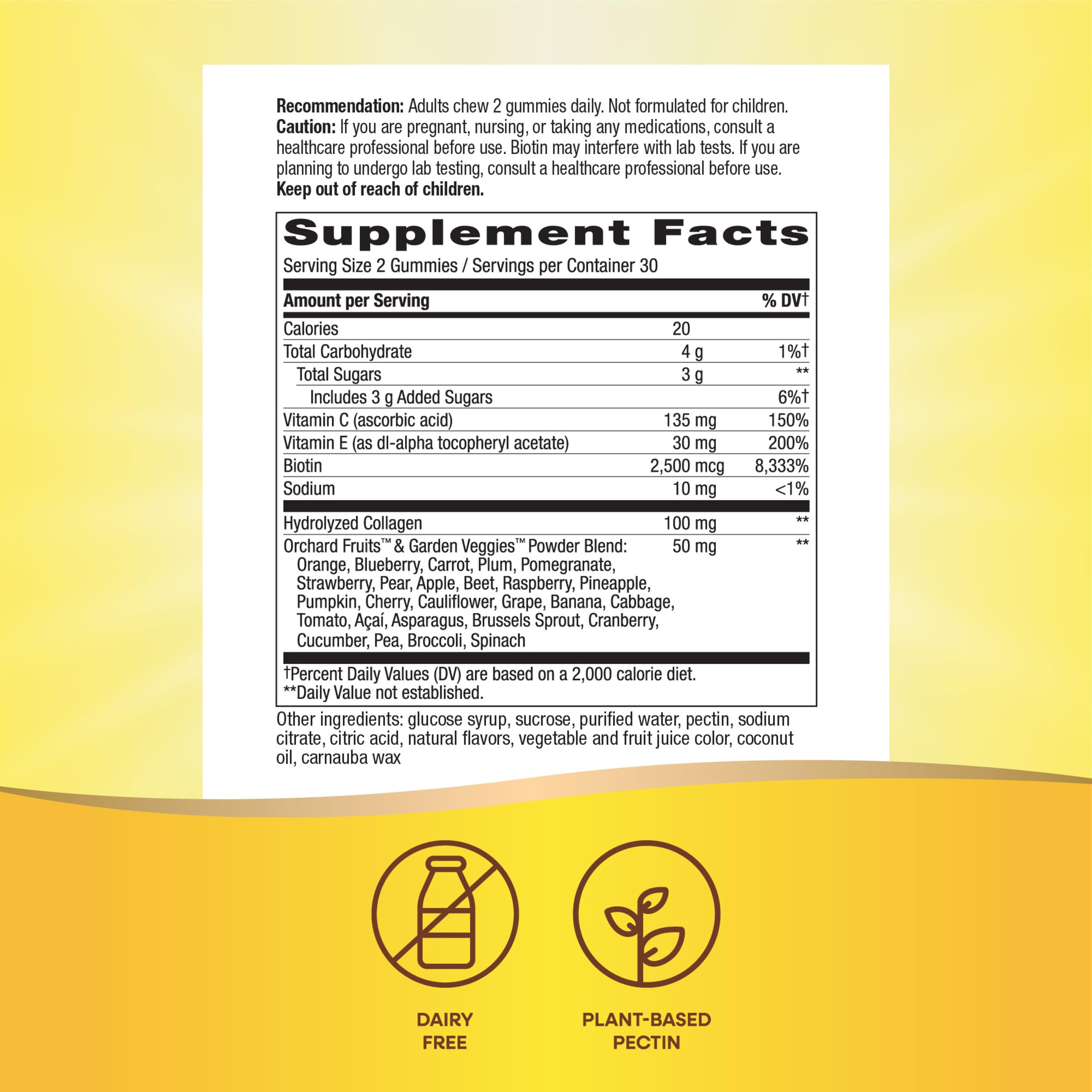 Nature's Way Alive hair skin nails supplement Supplement Facts for 2 gummy serving with dairy free plant based pectin