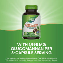 Dietary supplement bottle with green cap showing glucomannan from konjac root dosage