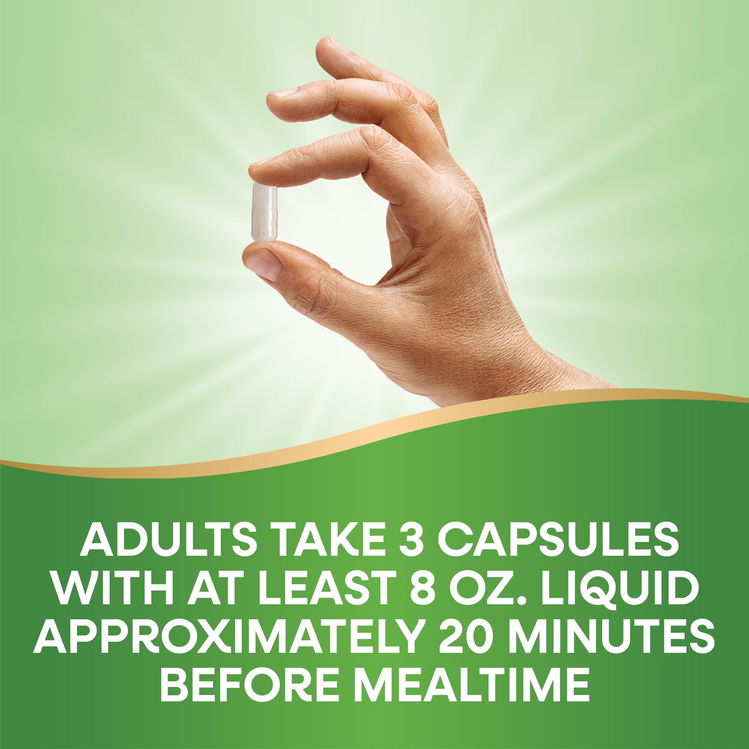 Natures Way single capsule held between fingers with adult dosage text displayed glucomannan supplements UAE