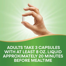 Hand gesture above supplement directions text for adults taking three capsules
