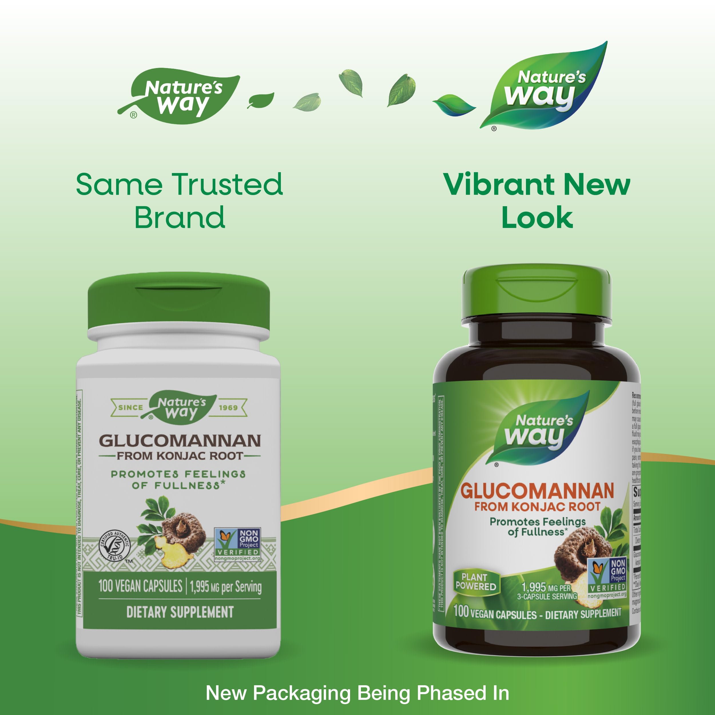 Natures Way glucomannan supplements UAE packaging comparison showing old white bottle and new green bottle