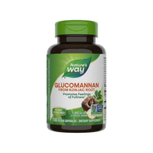 Dietary supplement bottle with green cap labeled glucomannan from konjac root