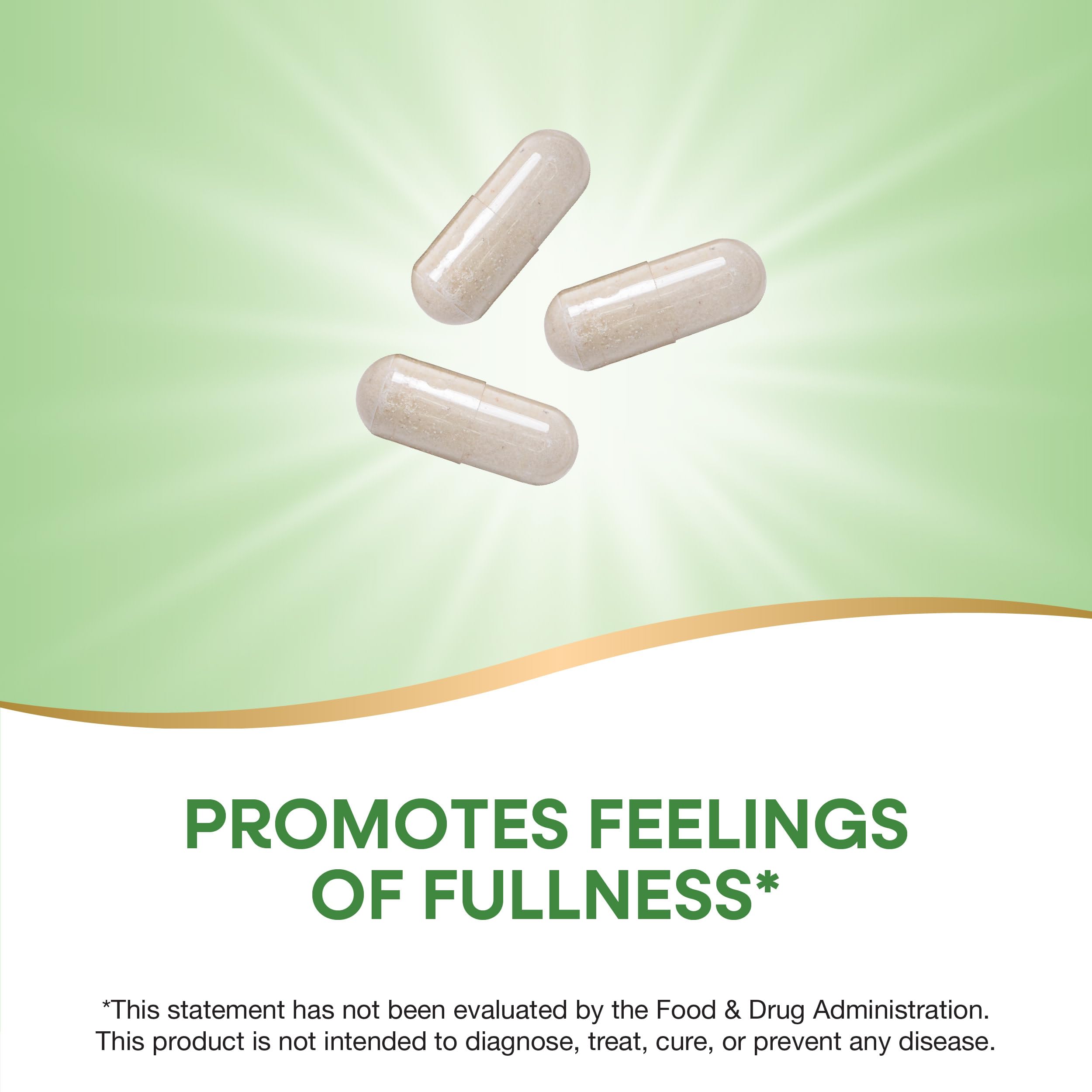 Natures Way glucomannan supplements UAE three beige capsules on green background promoting feelings of fullness