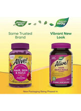 Two gummy supplement bottles side by side, purple caps, hair skin & nails, strawberry flavor