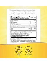 Dietary supplement packaging with Supplement Facts label and dairy-free, plant-based icons