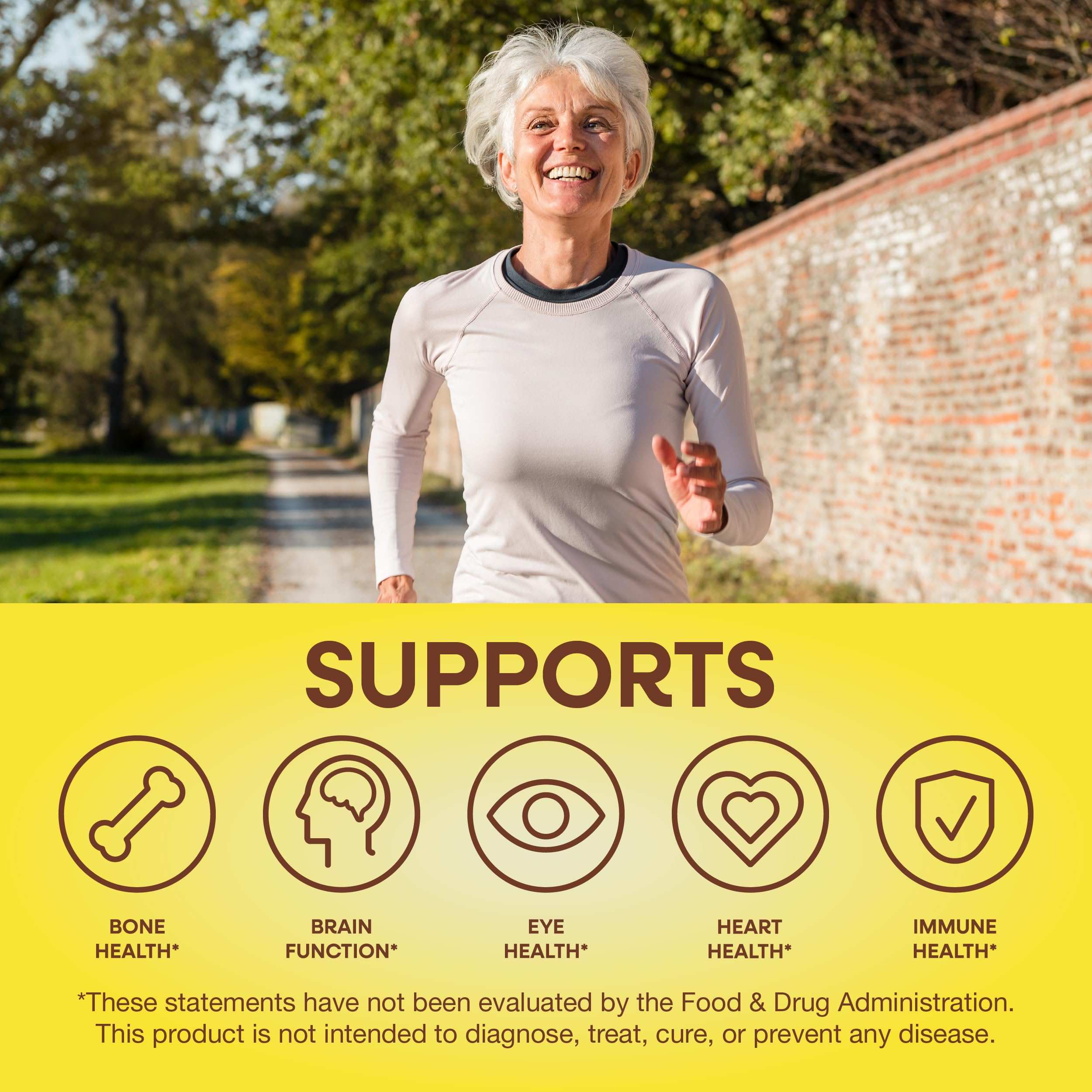 Active senior woman jogging outdoors with Nature's Way Alive women's vitamins banner showing support icons