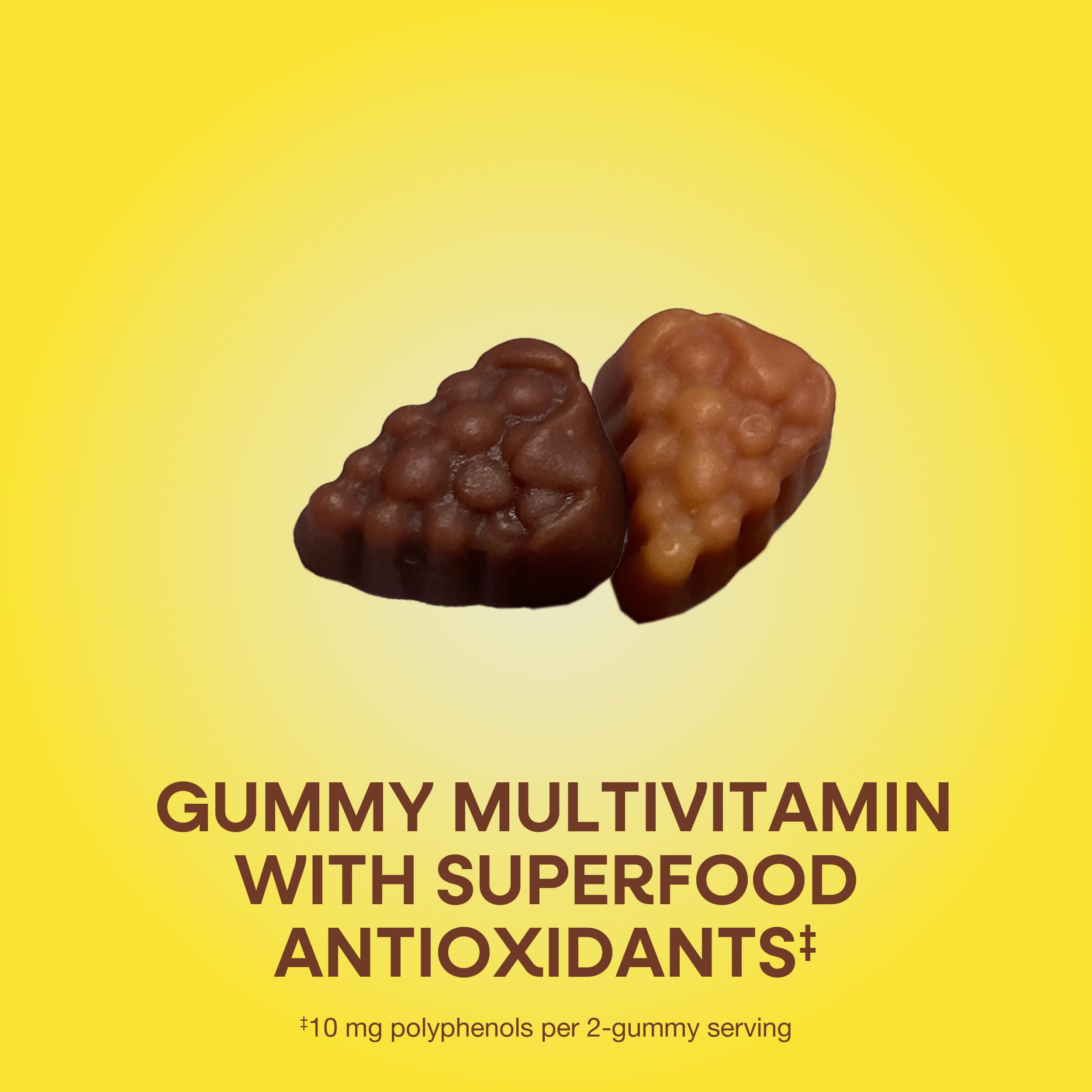 Nature's Way Alive women's vitamins two berry shaped gummy multivitamins on yellow background