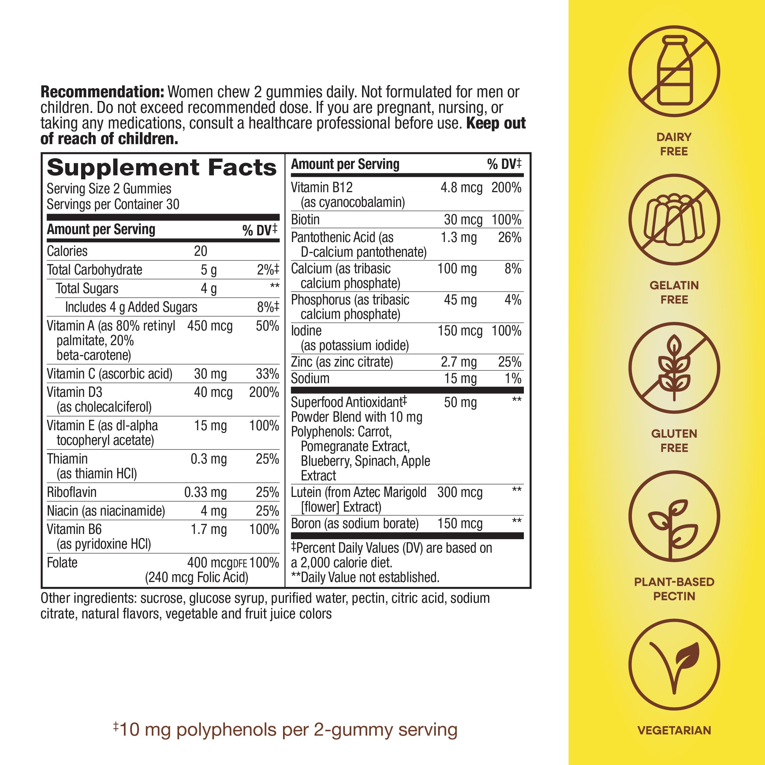 Nature's Way Alive women's vitamins supplement facts label and ingredients with dairy free gelatin free vegetarian icons
