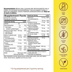 Nature's Way Alive women's vitamins supplement facts label and ingredients with dairy free gelatin free vegetarian icons