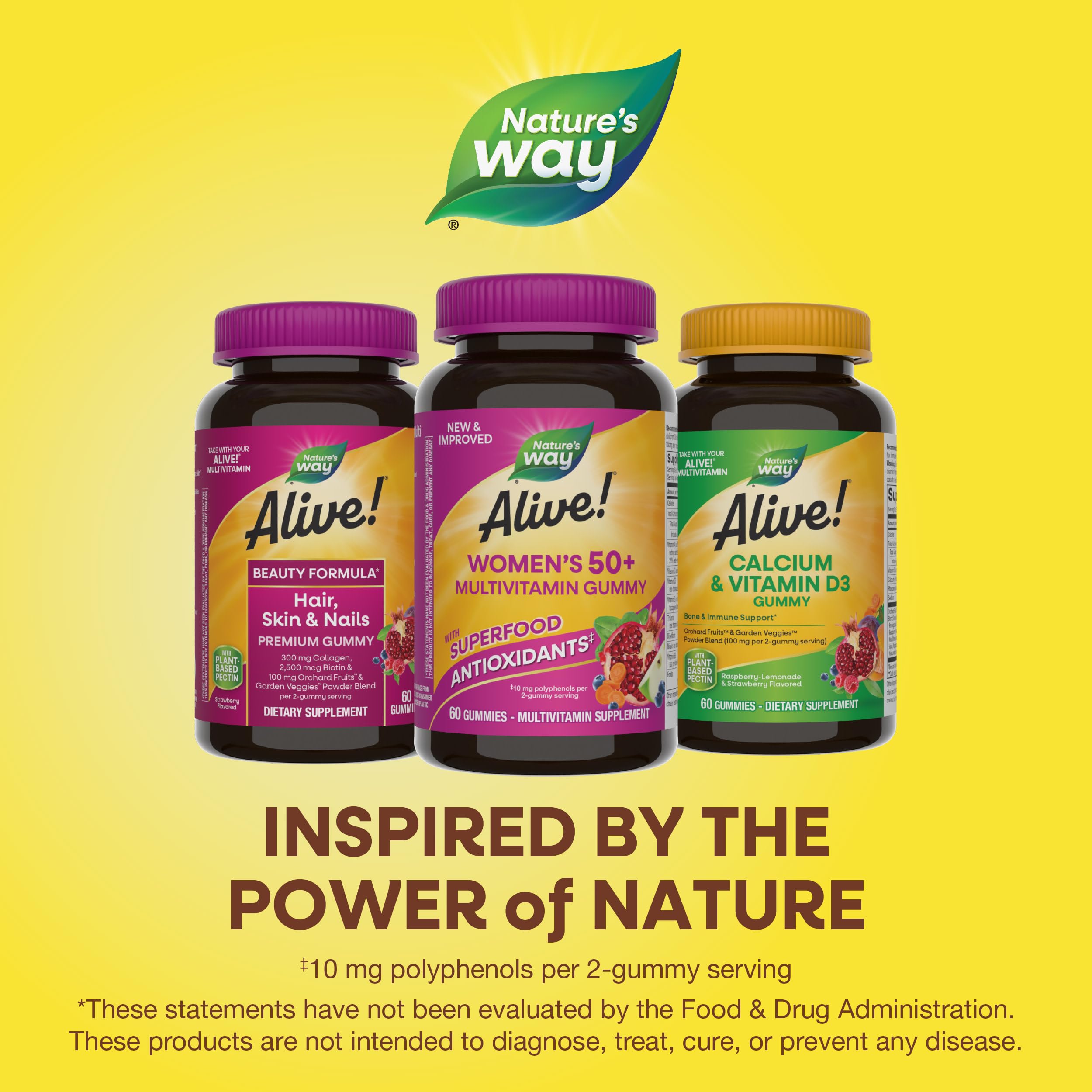 Nature's Way Alive women's vitamins. Three gummy bottles: beauty for hair skin nails, women's 50 plus multivitamin, calcium D3