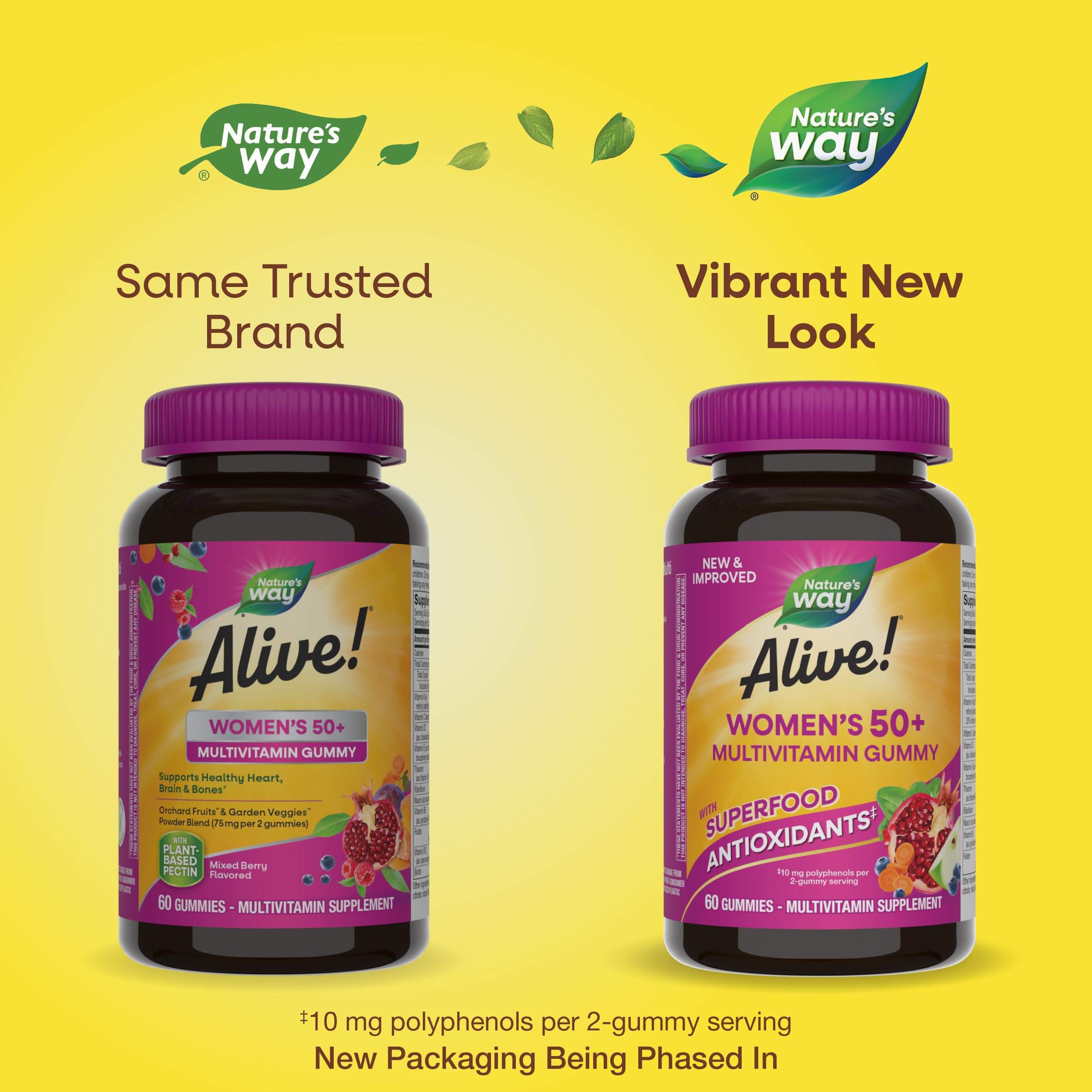 Two Nature's Way Alive women's vitamins 50 plus multivitamin gummy bottles in old and new yellow packaging