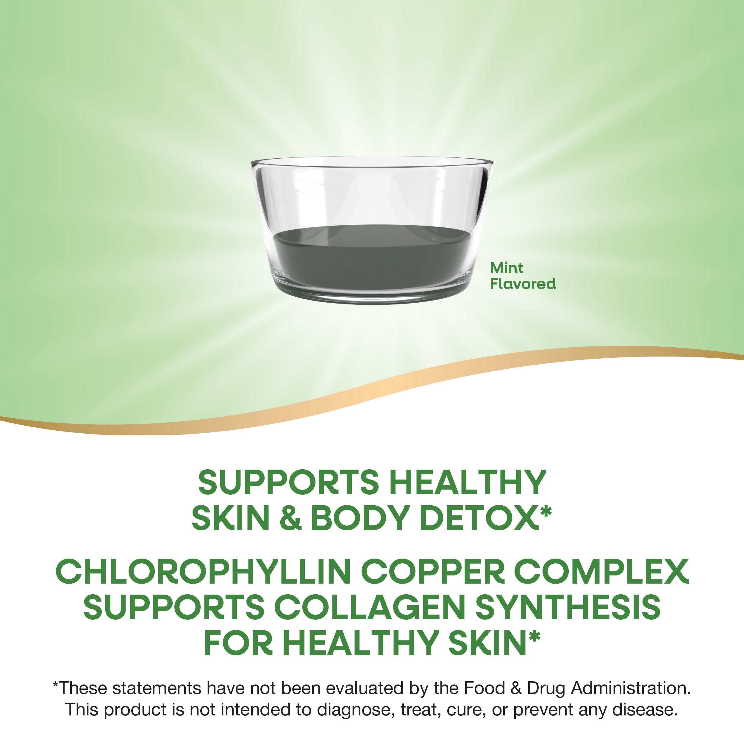 Nature's Way Chlorofresh mint flavored supplement liquid in glass bowl on green background promoting skin and body detox