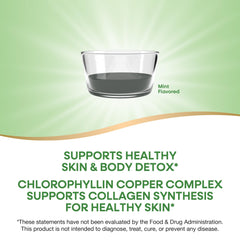 Nature's Way Chlorofresh mint flavored supplement liquid in glass bowl on green background promoting skin and body detox