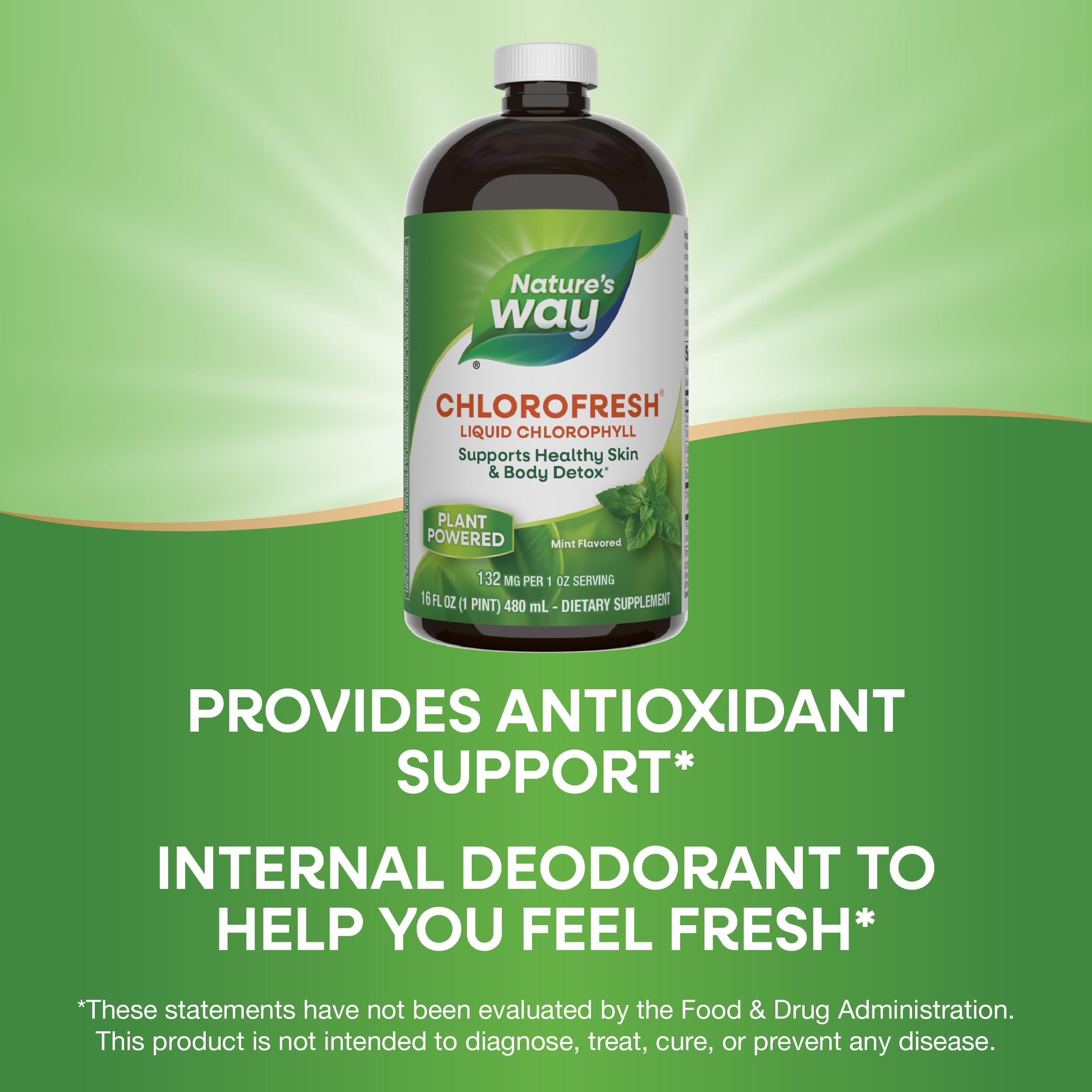 Nature's Way Chlorofresh mint flavored liquid chlorophyll bottle with mint leaves and antioxidant support text
