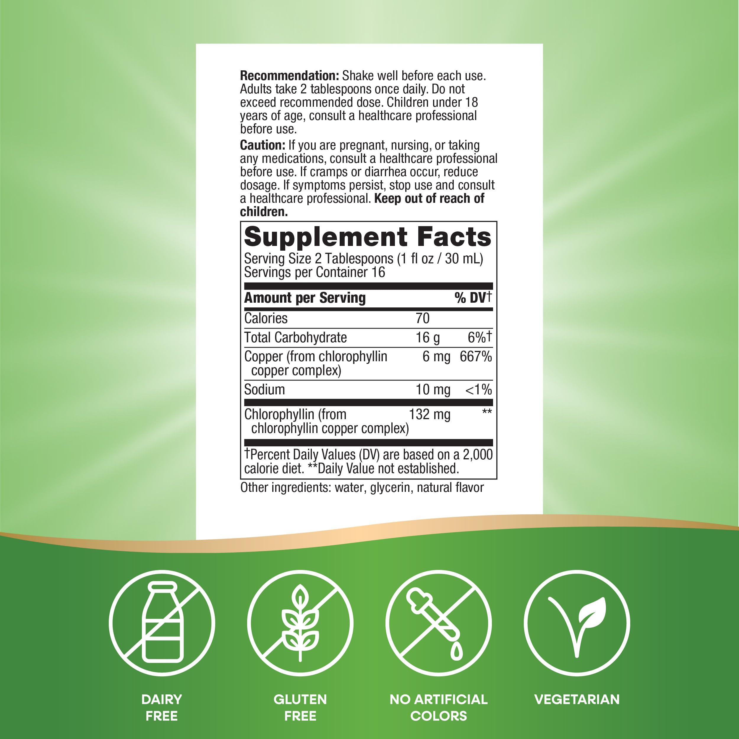 Nature's Way Chlorofresh mint flavored supplement bottle label with Supplement Facts and free from icons