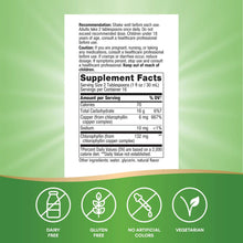 Supplement facts label for liquid chlorophyll dietary supplement.