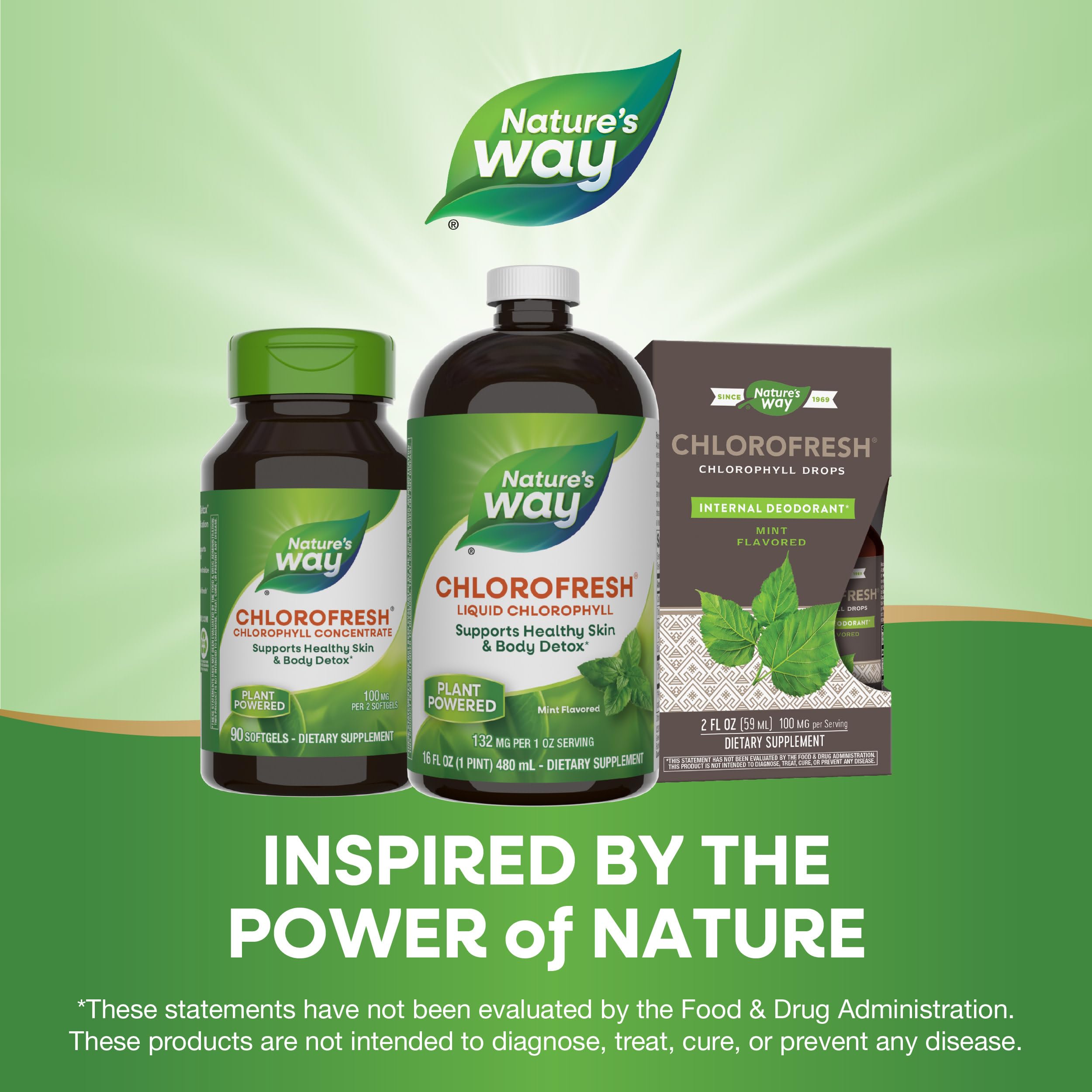 Nature's Way Chlorofresh mint flavored. Liquid bottle, capsule jar and chlorophyll drops box on green background