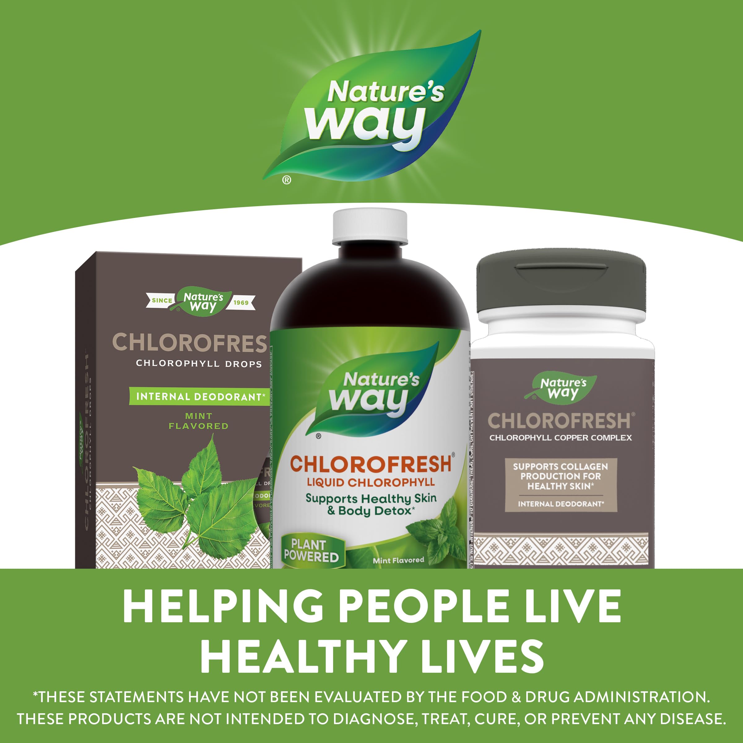Nature's Way Chlorofresh mint flavored liquid bottle and two product boxes on green branded background