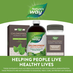 Nature's Way Chlorofresh mint flavored liquid bottle and two product boxes on green branded background