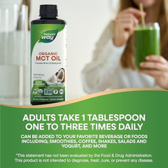 Nature's Way MCT oil organic bottle next to green smoothie and dosage text one tablespoon one to three times daily