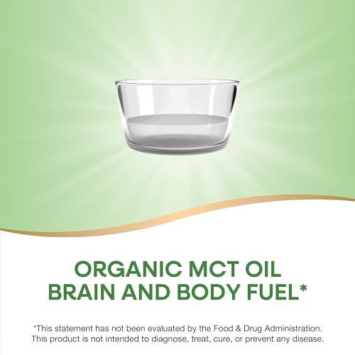 Nature's Way MCT oil in a clear glass bowl on green background with Organic MCT Oil Brain and Body Fuel text