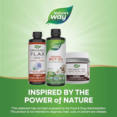 Nature's Way MCT oil bottle displayed with organic flax oil and coconut oil jars on green background