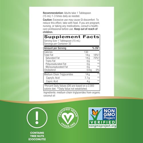 Nature's Way MCT oil supplement facts label showing nutrition facts panel plus vegan non GMO and contains tree nuts coconut icons