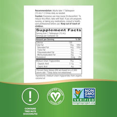 Nature's Way MCT oil supplement facts label showing nutrition facts panel plus vegan non GMO and contains tree nuts coconut icons