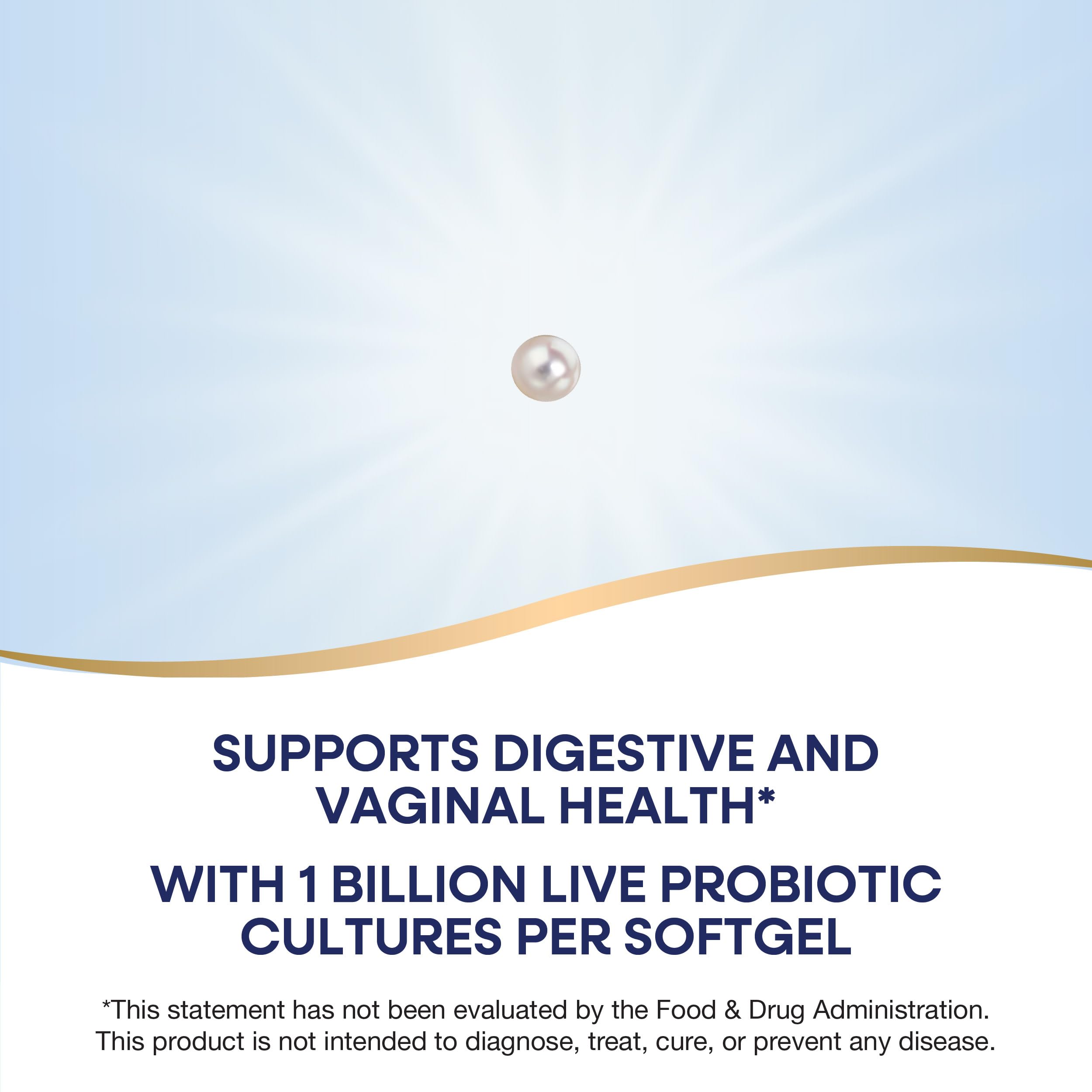 Nature's Way Probiotic Pearls softgel image showing single pearl and text about digestive and vaginal health
