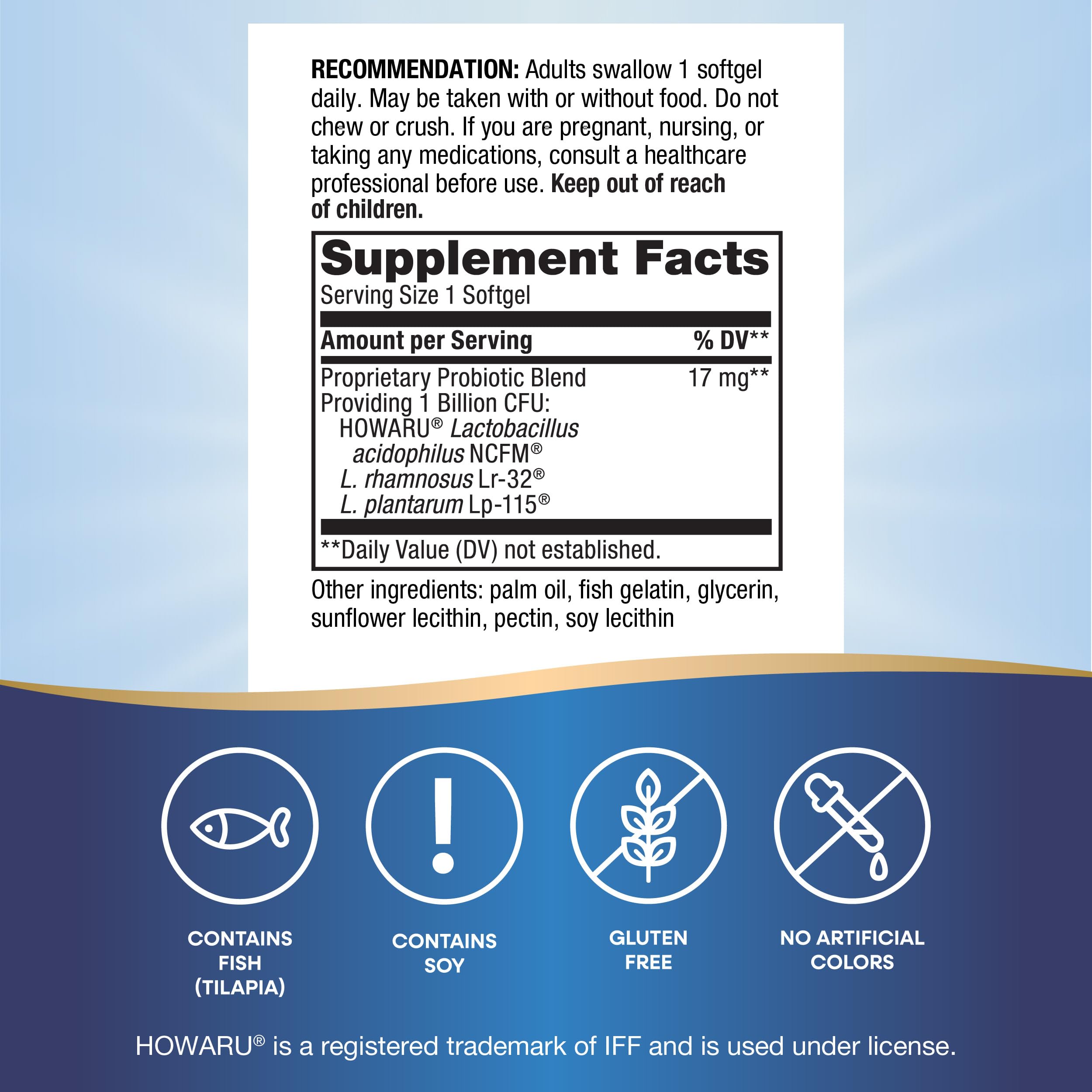 Nature's Way Probiotic Pearls supplement facts label showing probiotic blend and icons for contains fish soy gluten free