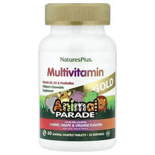 Multivitamin chewable supplement bottle, front label with animal parade design