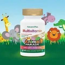 Multivitamin chewable supplement bottle with colorful Animal Parade label