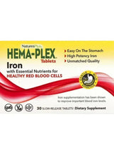 Nature's Plus iron supplement tablets package with HEMA-PLEX and red blood cell