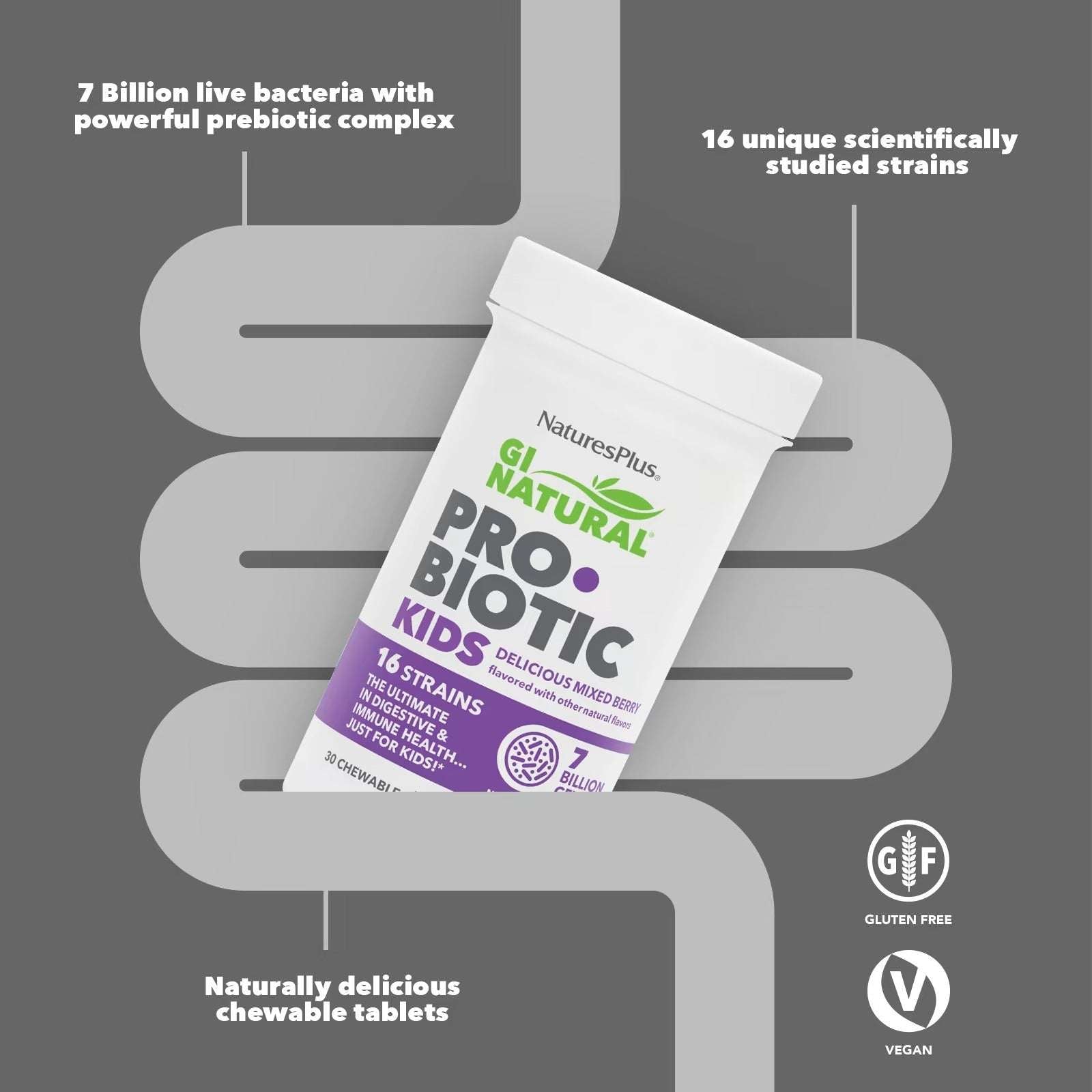 NaturesPlus kids probiotic chewables UAE bottle with 7 billion live bacteria and 16 strains in chewable tablets